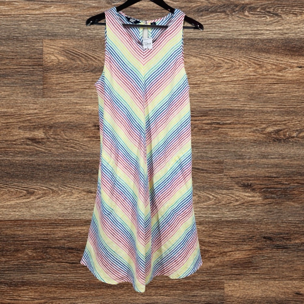 NEW Lands End 100% Linen Swing Dress Womens L Rainbow Stripes Sleeveless Maxi